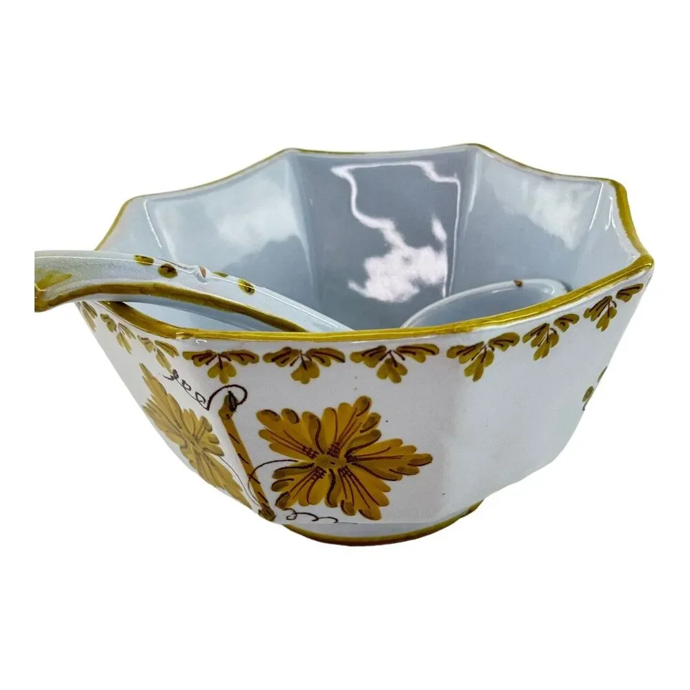 Vintage Mid Century Italian Octagon Soup Bowl Spoon Golden Leaves Made In Italy